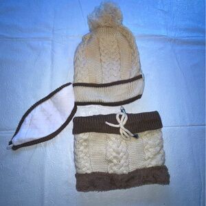 3 Piece Cozy Neutral Brown Tan Knit Hat Neck Scarf Face Cover Set